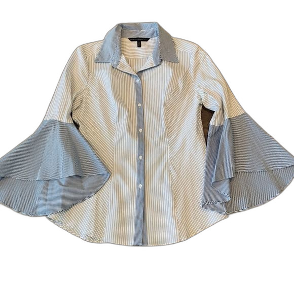 White House Black Market blue top  Sofia stripe button up collar shirt size 8 - Picture 3 of 14